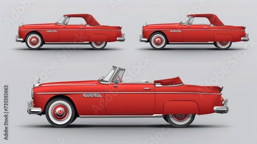 Vector illustration of a red retro car, depicted in a realistic style, against a gray background. The vintage cabriolet is shown from front, side, and back views