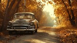 A retro car on the road, surrounded by the golden hues of autumn
