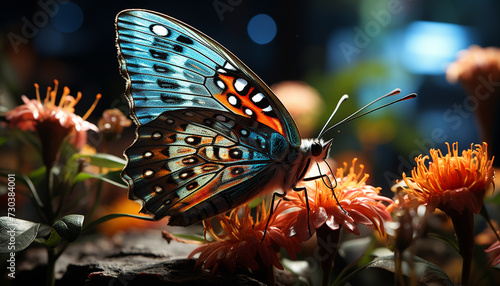 A vibrant butterfly flies amidst yellow flowers in the summer generated by AI