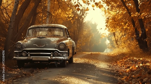 A retro car on the road, surrounded by the golden hues of autumn photo