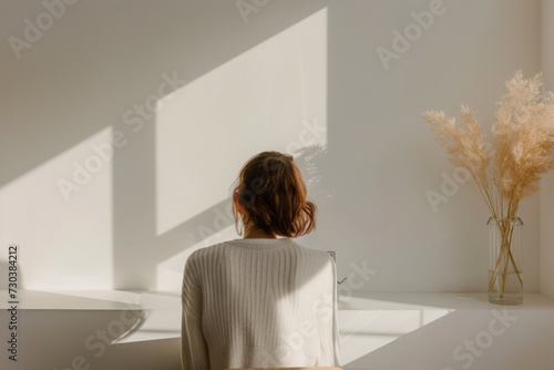 A woman clad in fashionable clothing sits gracefully in an indoor space, her gaze fixed on a beautiful art piece hanging on the wall while a vase of flowers adds a touch of elegance to the scene