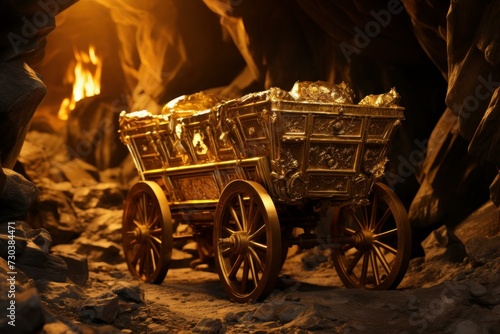 Heavy Mining cart gold. Rock tunnel. Generate Ai