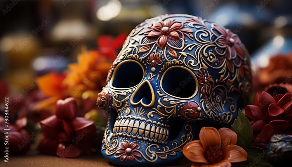 Day of the Dead celebration  spooky decoration, colorful skulls, traditional craft generated by AI