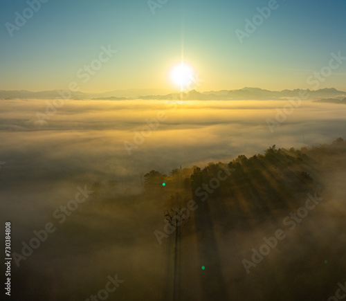 Quadro em tela Aerial view amazing the sea of mist at beautiful sunrise