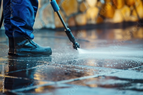 Worker cleaning with water under high pressure. 