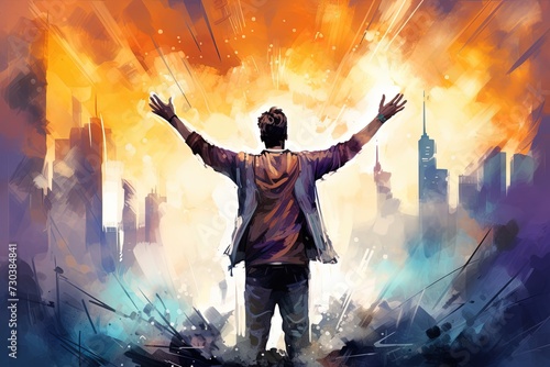 Man in worship in front of cityscape, watercolor painting. photo