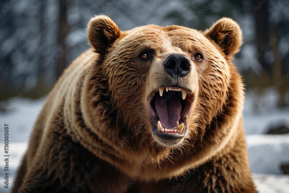Obraz premium Brown bear face portrait. Angry big bear in wildlife
