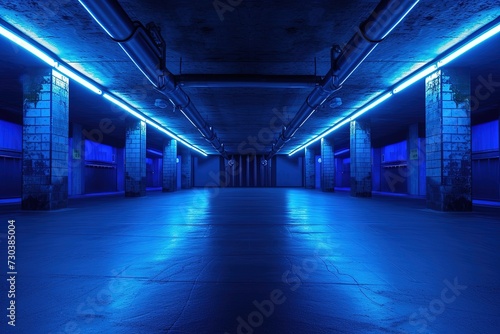Empty underground background with blue lighting.