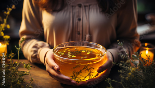 A woman enjoys hot tea outdoors, surrounded by nature generated by AI