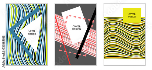 Geometric cover design, set of 3 covers. Abstract unusual background in Memphis style. Bright geometric shapes in random order