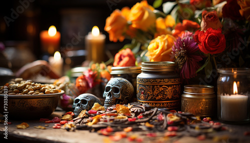 Halloween decoration  spooky candlelight arrangement on dark wooden table generated by AI