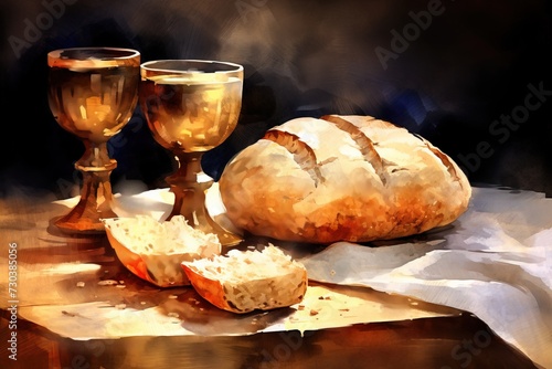 Painting of read with silver chalice of wine. Christian communion concept for reminder of Jesus sacrifice.