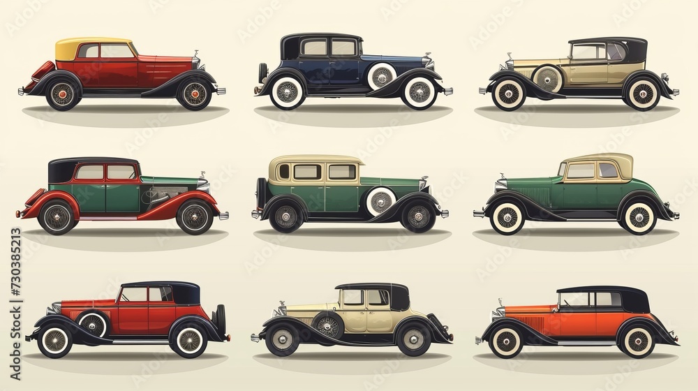 Set of vector icons depicting retro luxury cars from the 1930s and 1940s. Shadows are placed on a separate layer for easy customization