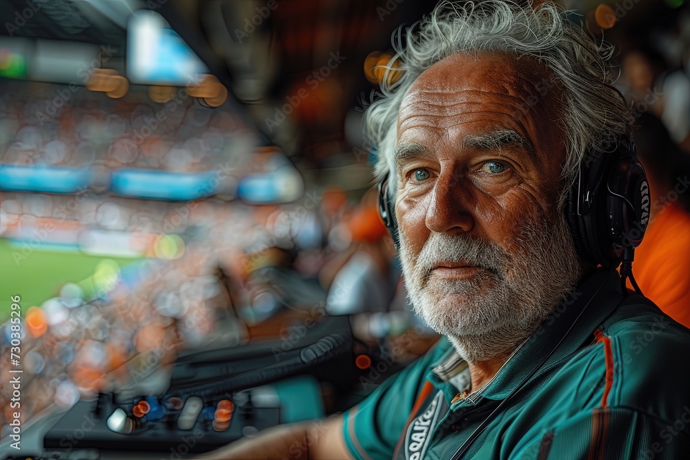 A football commentator in the stadium. A football commentator in the stadium.