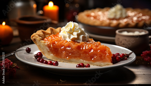 Homemade berry pie on rustic table, a sweet autumn celebration generated by AI