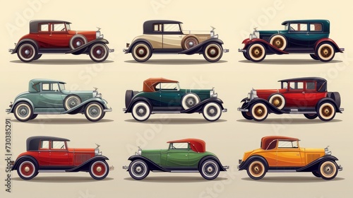 Set of vector icons depicting retro luxury cars from the 1930s and 1940s. Shadows are placed on a separate layer for easy customization © Orxan