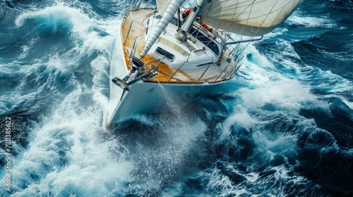 Sailing super yacht in a stormy sea