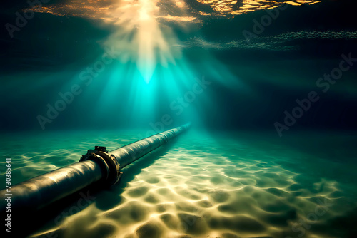 Pipeline lying on ocean bottom underwater photo