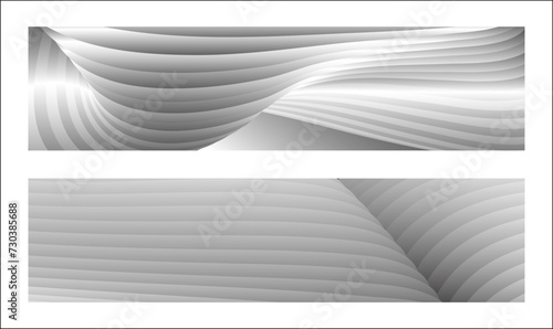 Monochrome cover design, abstract background. Wavy silver parallel gradient lines, ribbons, silk. Set of 2 backgrounds. Black and white with shades of gray banner, poster. eps vector © HALINA YERMAKOVA