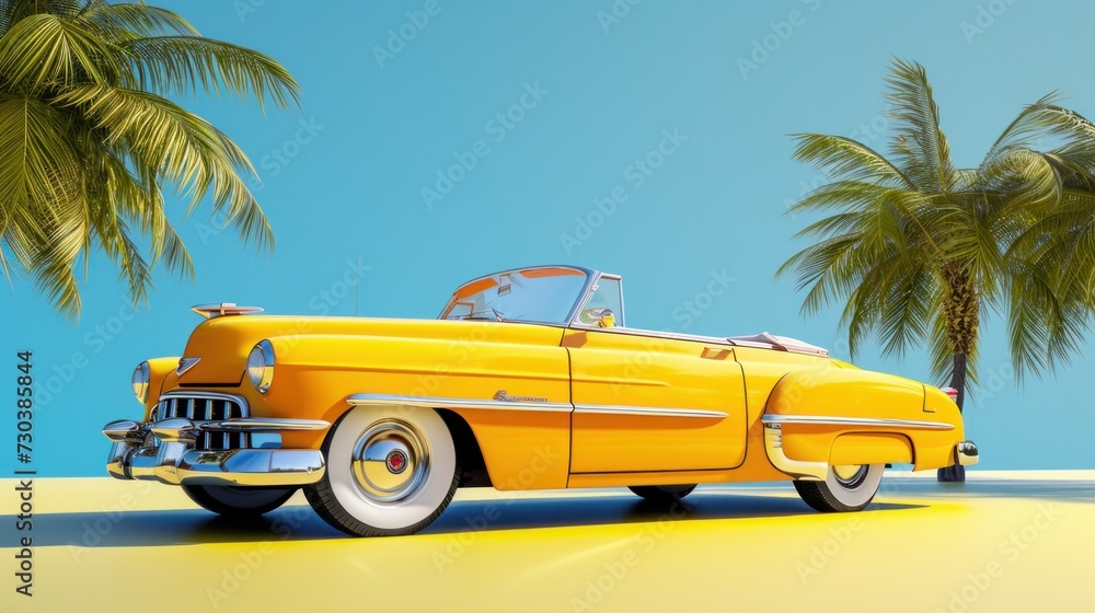 3D illustration of a sunny yellow vintage convertible car