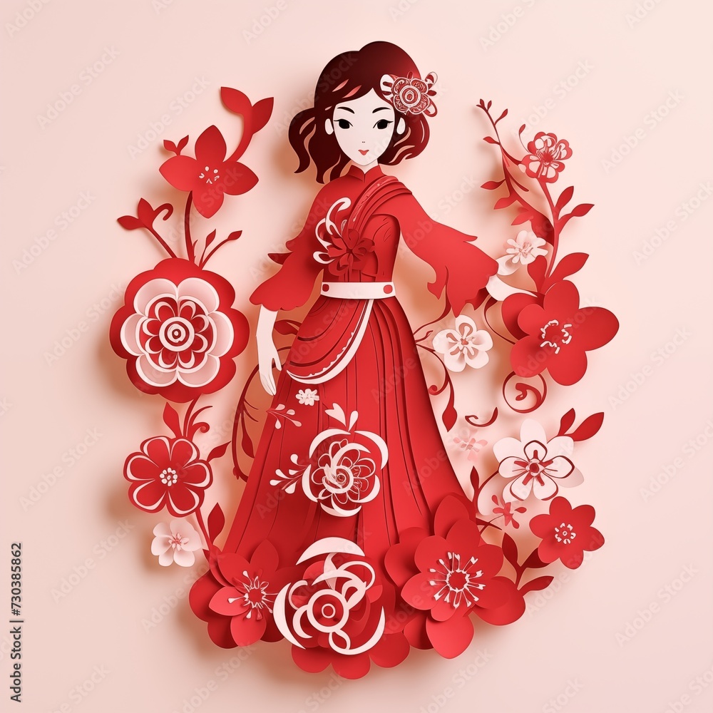 Fototapeta premium paper-cut of girl adorns a stunning Cheongsam dress
