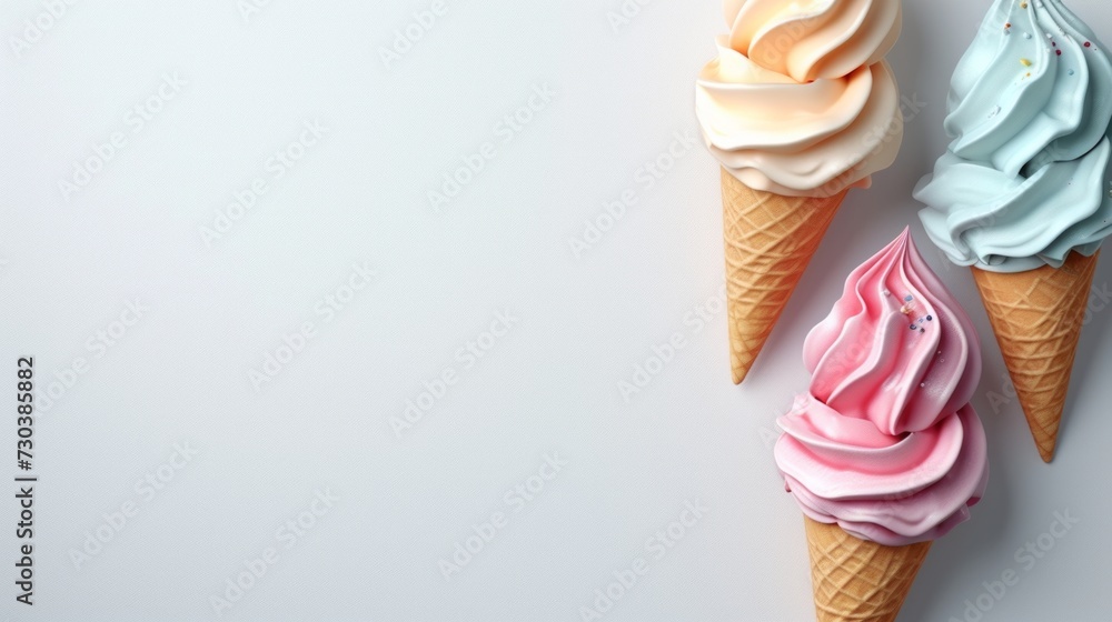 Ice cream dessert flatlay in a cone for summer, birthday, party, product mockup scene creator and text background