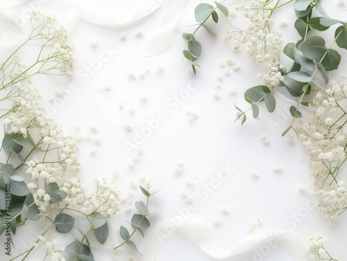 Feminine wedding desktop mockup with baby's breath Gypsophila flowers, dry green eucalyptus leaves, satin ribbon and white background. Empty space. Top view. Picture for blog 
