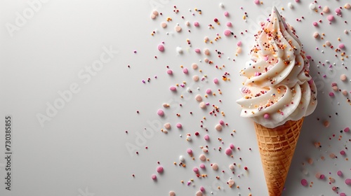 Ice cream dessert flatlay in a cone for summer, birthday, party, product mockup scene creator and text background photo