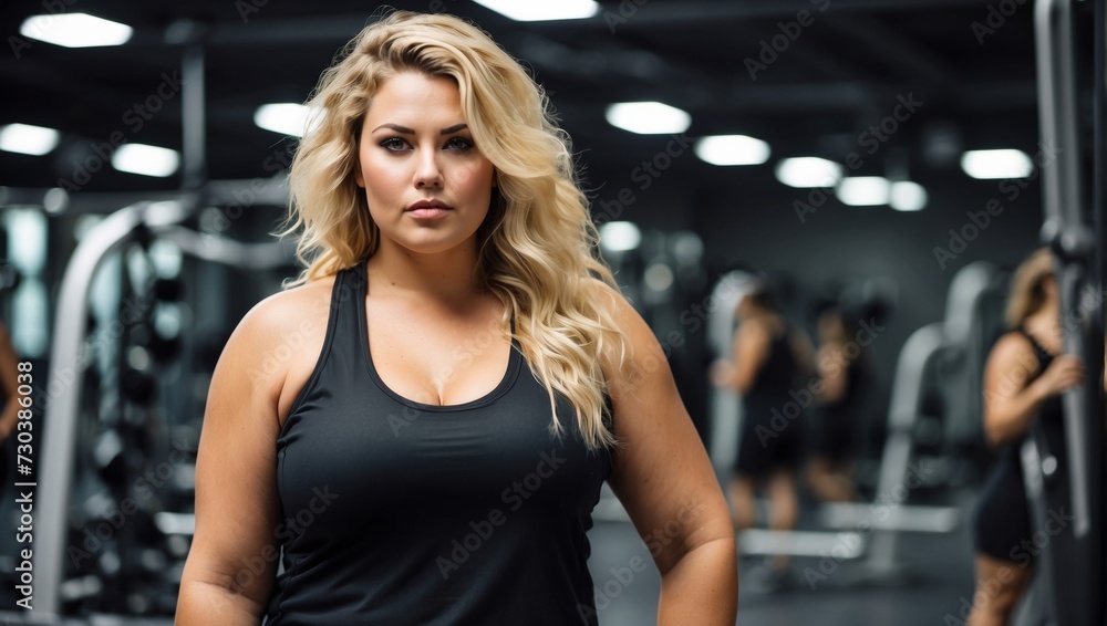 Motivated Plus-Size Woman in Black Athletic Wear Ready for Gym Workout
