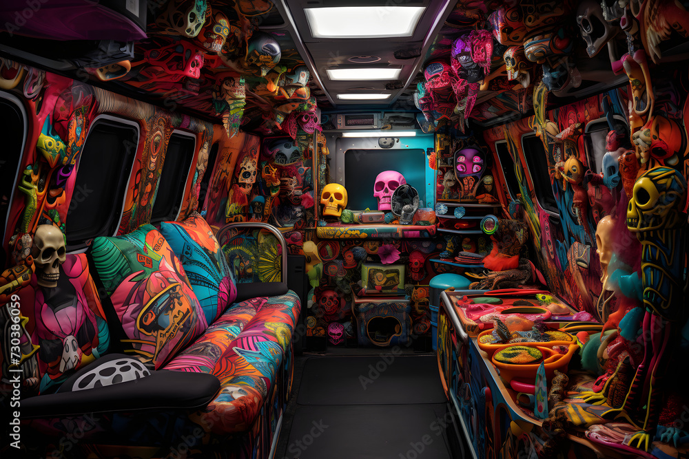 Inside of a cool camper van, camper interior, interior of a camper van, beautiful van