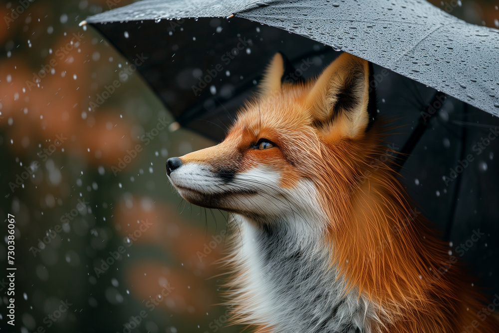 Fototapeta premium A fox sitting outside under a black umbrella, it's raining. Umbrella day. 