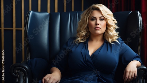 Imposing Plus-Size Businesswoman in Navy Blue Dress Seated with Confidence 