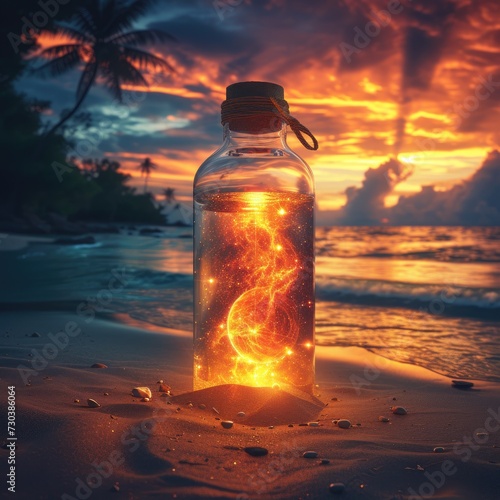 magic bottle with fire inside at the beach. concept image. magic. 
