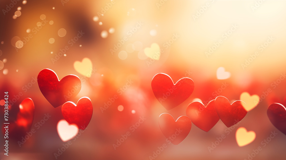 Blurred background with hearts and sun glare. Valentine's Day. Illustration of hearts with bokeh effect on a warm background. Many different stylized hearts with selective focus