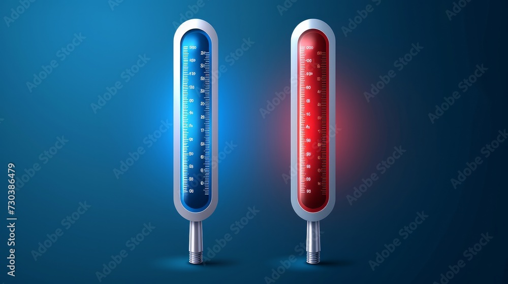 3D vector illustration icon of thermometers, featuring both blue and red thermometers measuring heat and cold 3D vector illustration icon of thermometers, featuring both blue and red thermometers measuring heat and cold