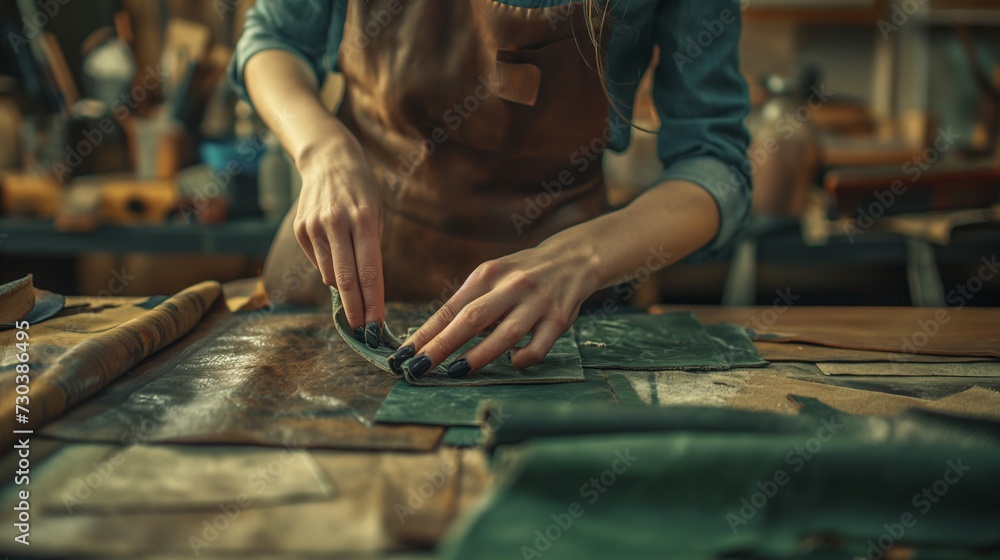 Worker working with leather textiles at his workshop generate ai Worker working with leather textiles at his workshop generate ai