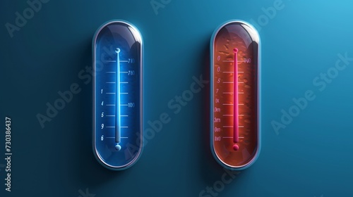 3D vector illustration icon of thermometers, featuring both blue and red thermometers measuring heat and cold