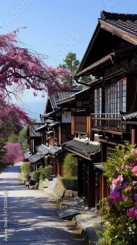Japanese houses with pink flowers and an uncluttered landscape, with sun and shadows. Asian style.