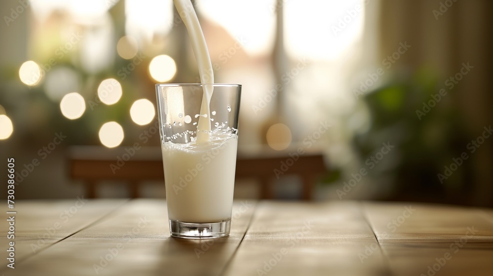 Glass of milk placed on the table.the background is blurry. generate ai Glass of milk placed on the table.the background is blurry. generate ai