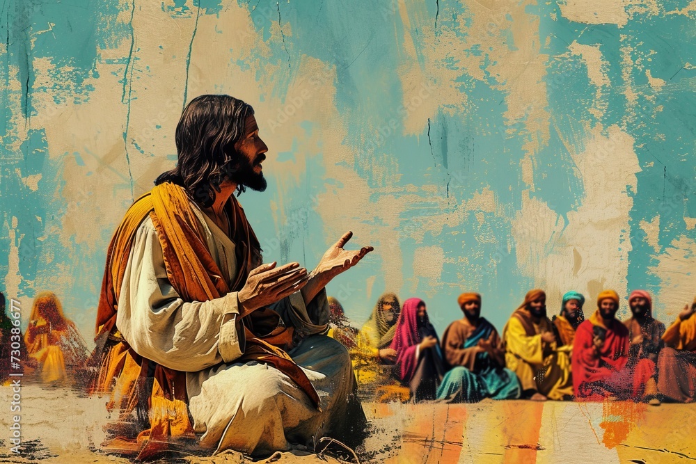 Jesus teaches people, people sit around Him.