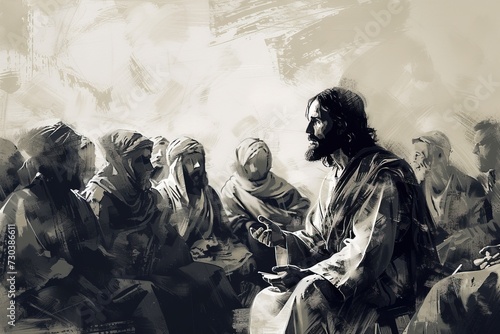 Jesus teaches people, people sit around Him. Black and white illustration. photo