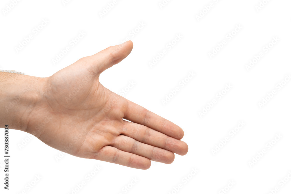 Male hand in position for handshake isolated on white background, male hand offering handshake Male hand in position for handshake isolated on white background, male hand offering handshake