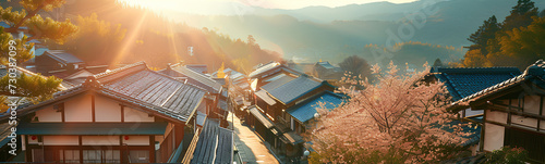 Japanese houses with pink flowers and an uncluttered landscape  with sun and shadows. Asian style.