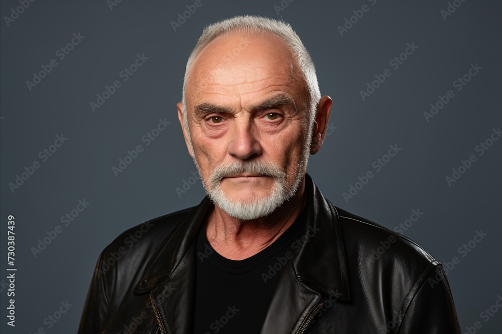 Portrait of a senior man wearing a leather jacket on a gray background Portrait of a senior man wearing a leather jacket on a gray background
