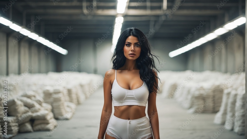 Fashionable Woman in Stylish White Sportswear in an Industrial Setting
