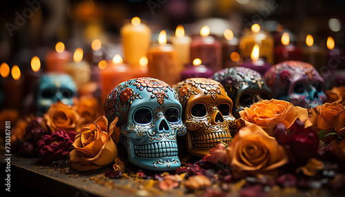 Spooky Halloween decoration  candle, skull, flower, dark, dead person generated by AI