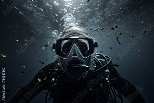 Diver underwater, portrait of a diver underwater