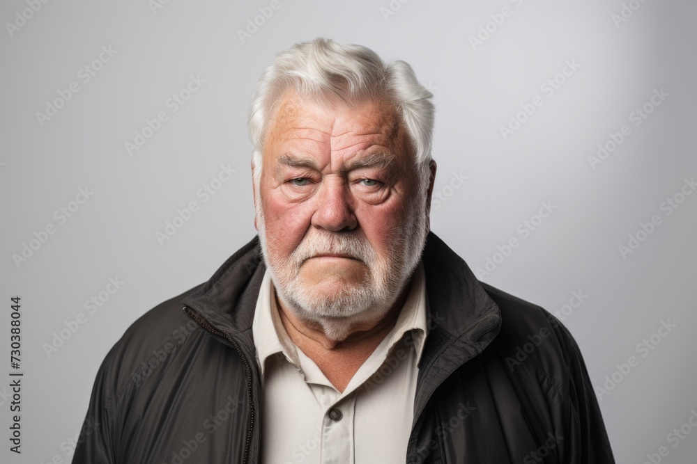 Portrait of an old man with grey hair and beard on grey background