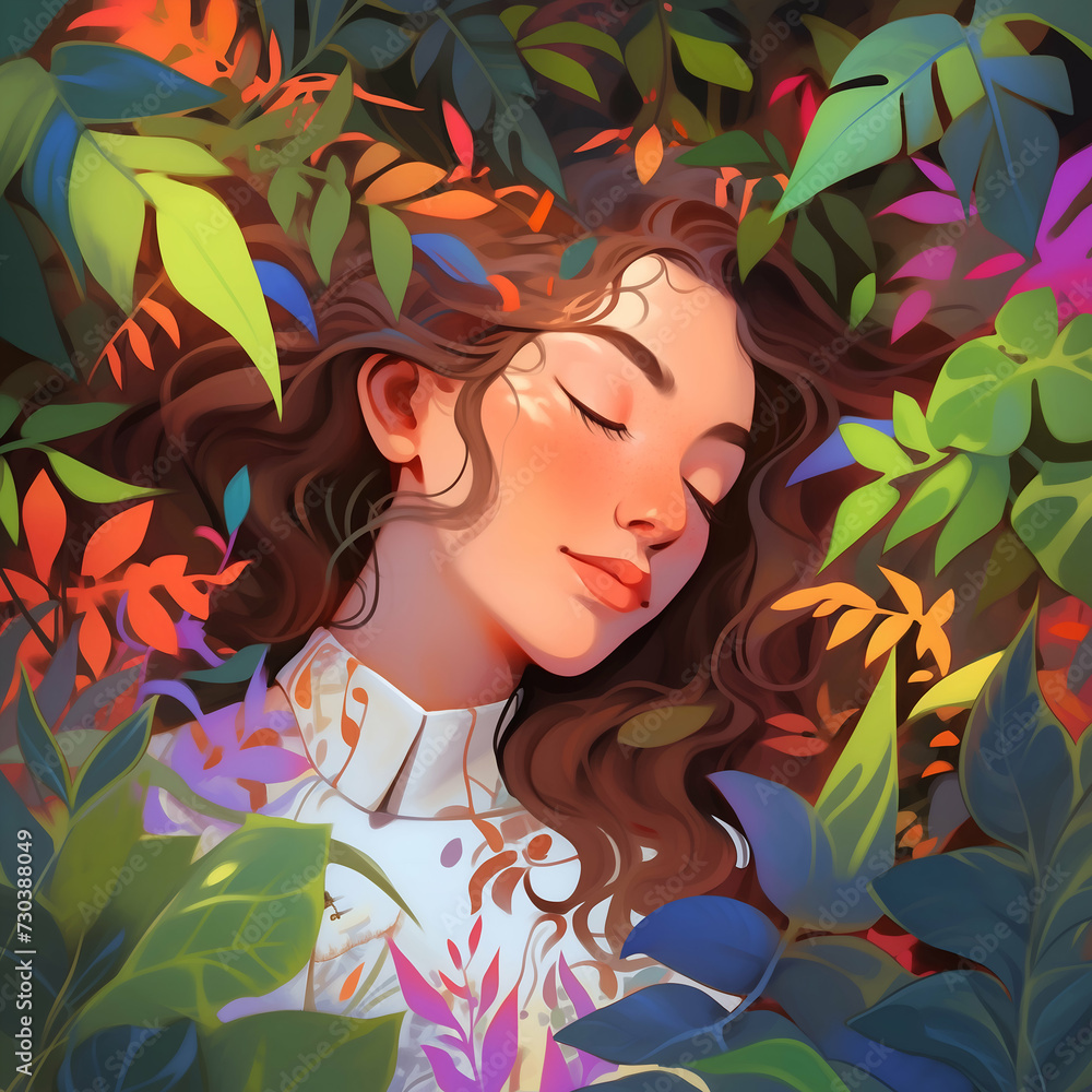 A young woman sleeps soundly, enveloped by vibrant leaves and flowers in a lush forest, with a serene expression of deep relaxation