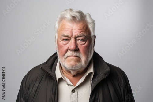 Portrait of an old man with grey hair and beard on grey background © Iigo